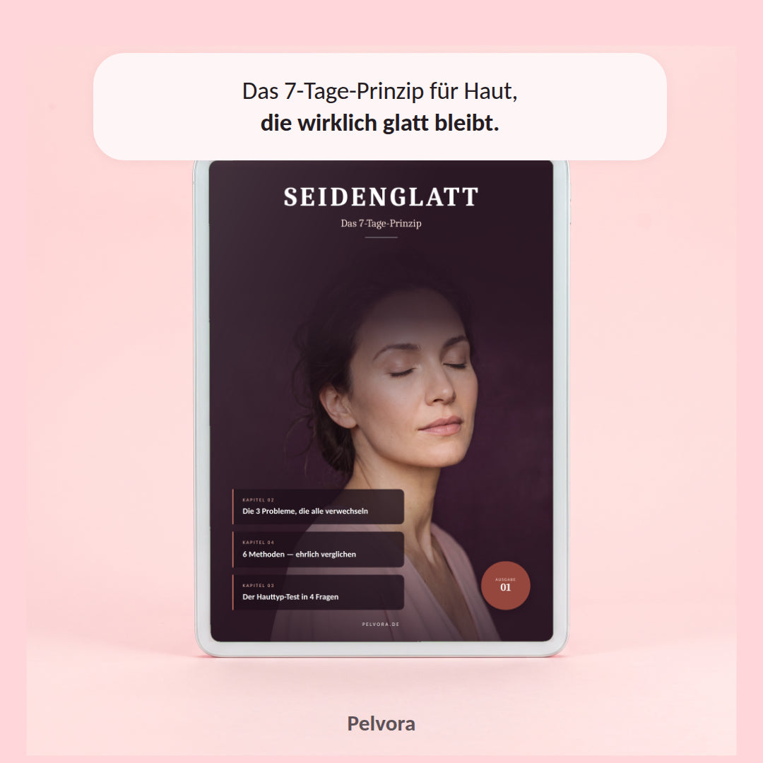 Pelvora Hautpflege-Guide Seidenglatt in 7 Tagen auf einem Tablet